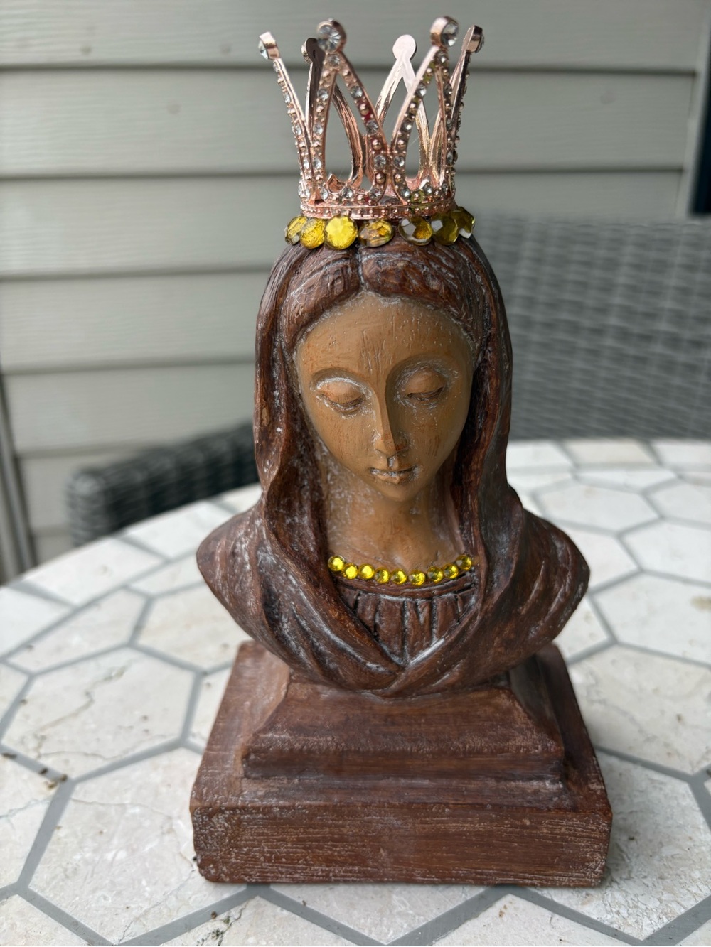Handcrated wooden Mary Bust with Gold Crown and Yellow Accents